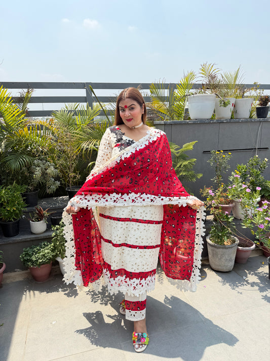 Avani (Hakoba Chikan Cotton Suit With Red Tiger Print Detailing)
