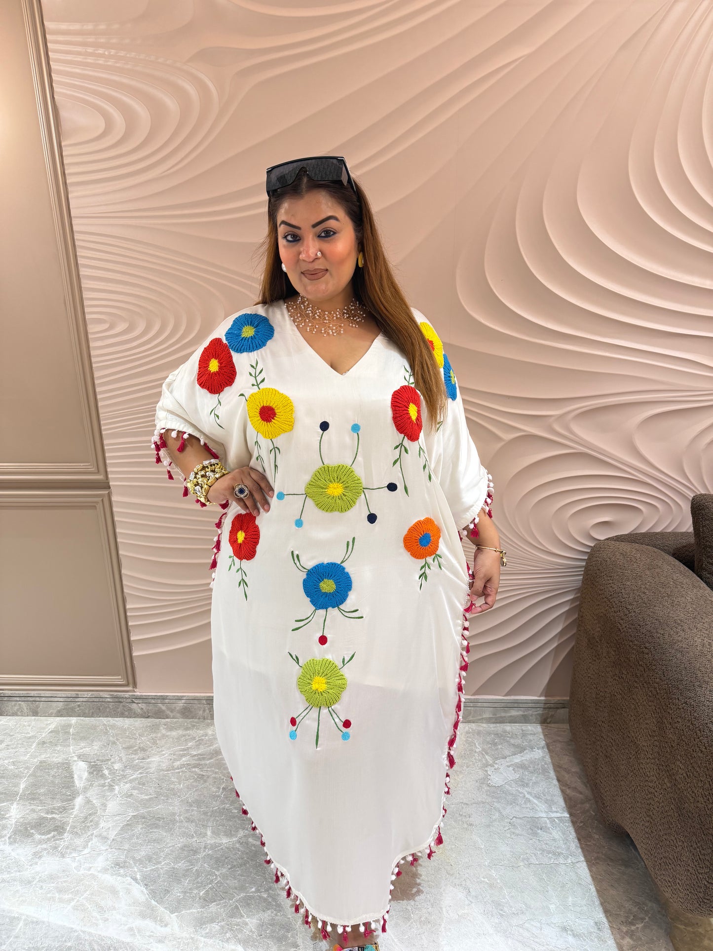 Beautiful Pure Glace Cotton Kaftan With Thread Embroidered