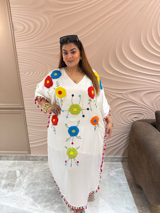 Beautiful Pure Glace Cotton Kaftan With Thread Embroidered