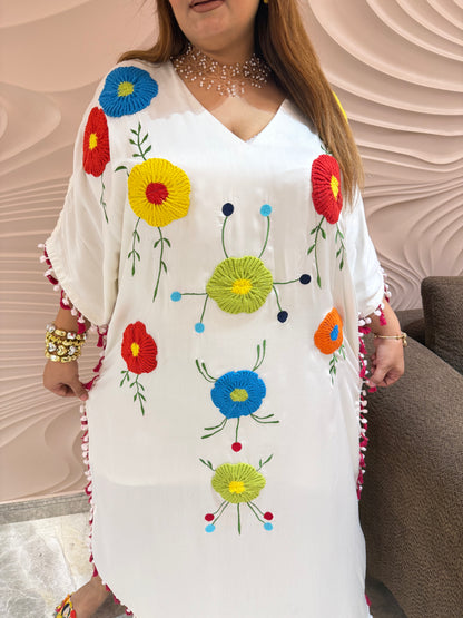 Beautiful Pure Glace Cotton Kaftan With Thread Embroidered