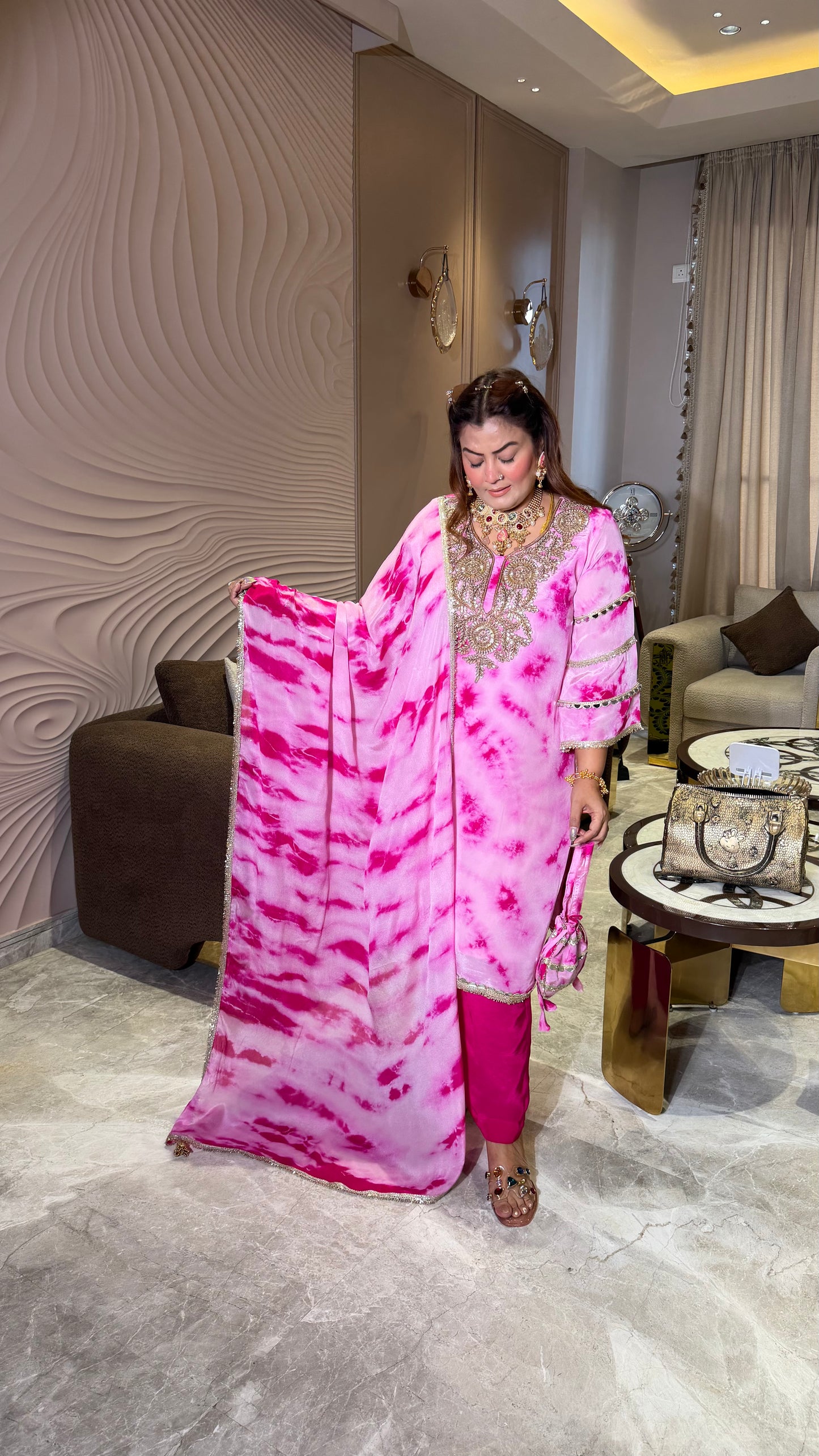 Pure Crepe suit with Chinnon Dupatta  Tie and Die Suit