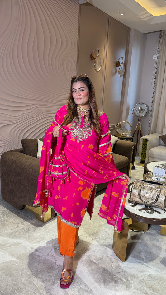 Pure Crepe suit with Chinnon Dupatta  Tie and Die Suit
