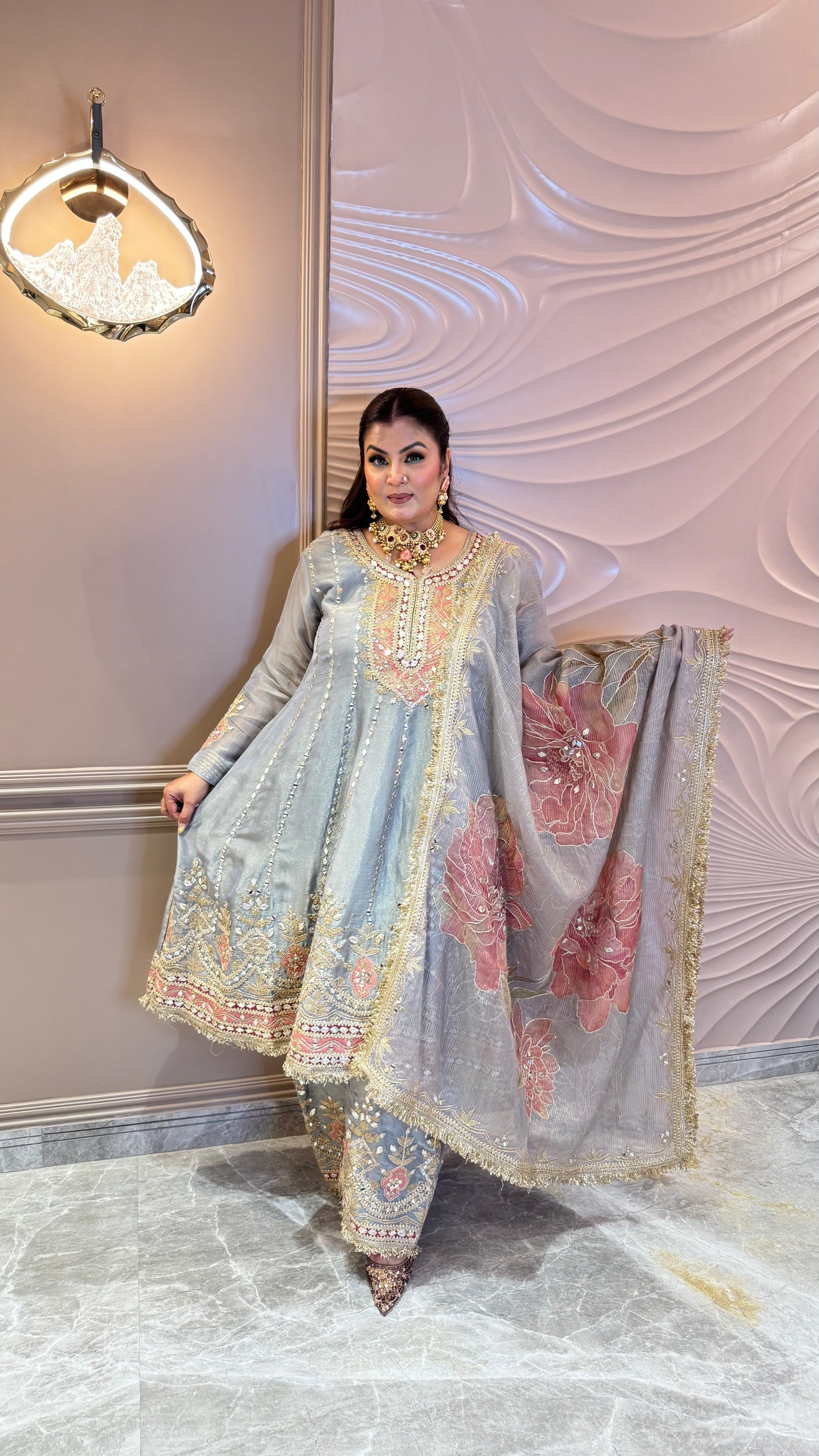 Zareena Glass Tissue Farshi Salwar Anarkali Suit