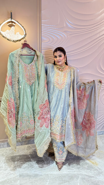 Zareena Glass Tissue Farshi Salwar Anarkali Suit