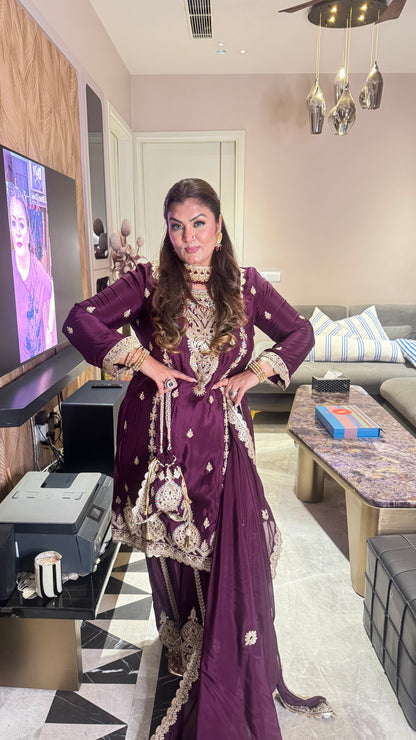 Zarmina Pure Chinon Sharara Suit with Potli