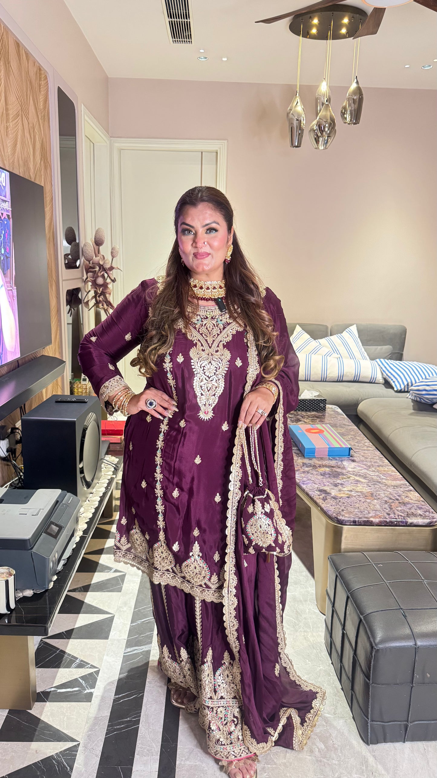 Zarmina Pure Chinon Sharara Suit with Potli