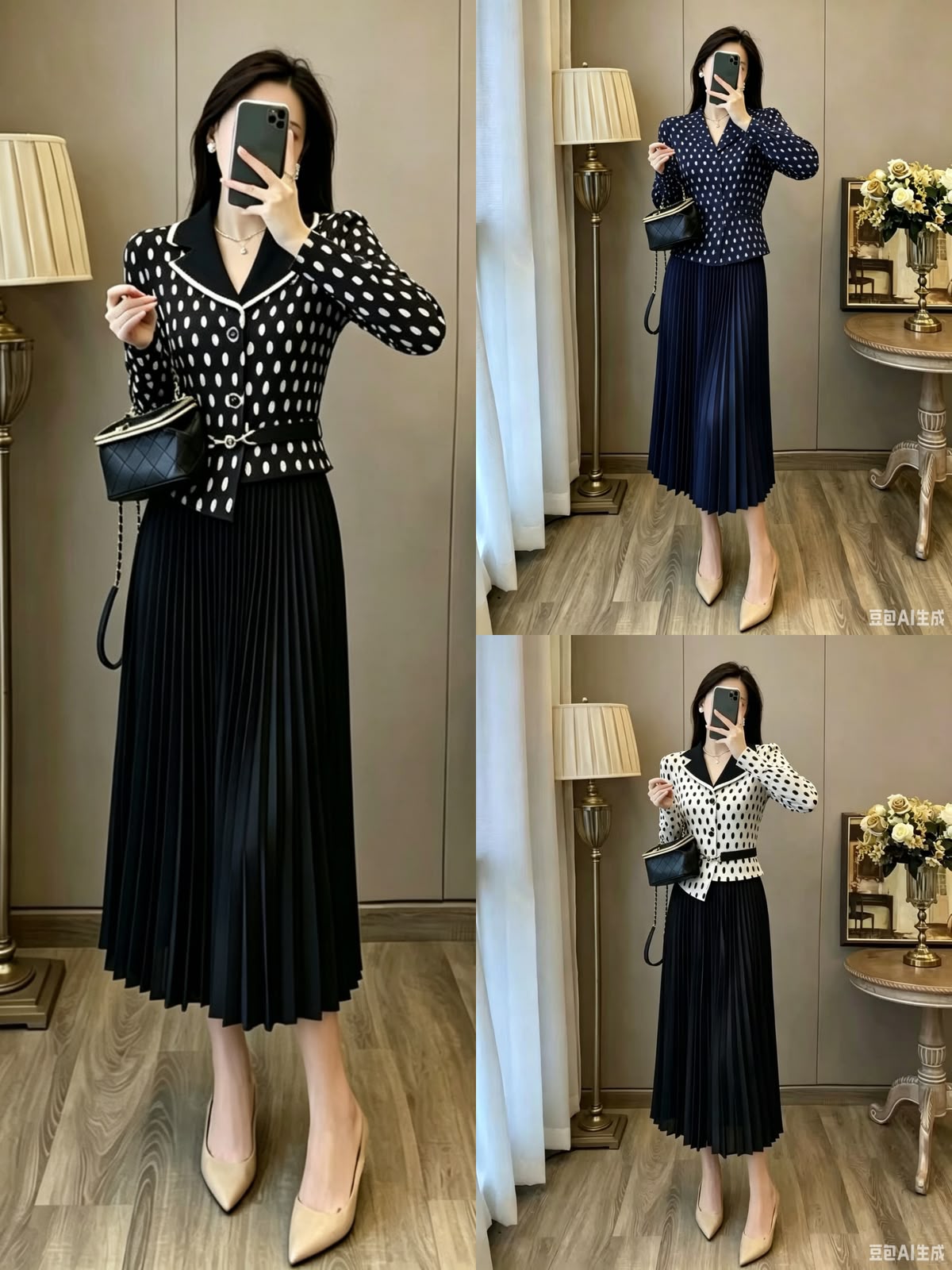 Navy Polka Pleated Midi Dress