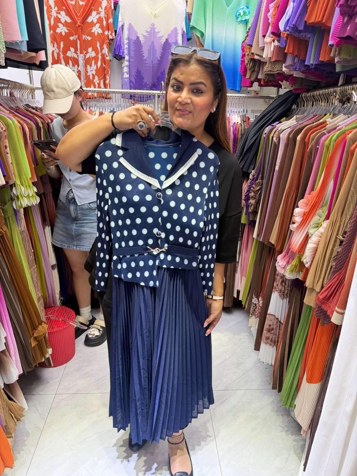Navy Polka Pleated Midi Dress