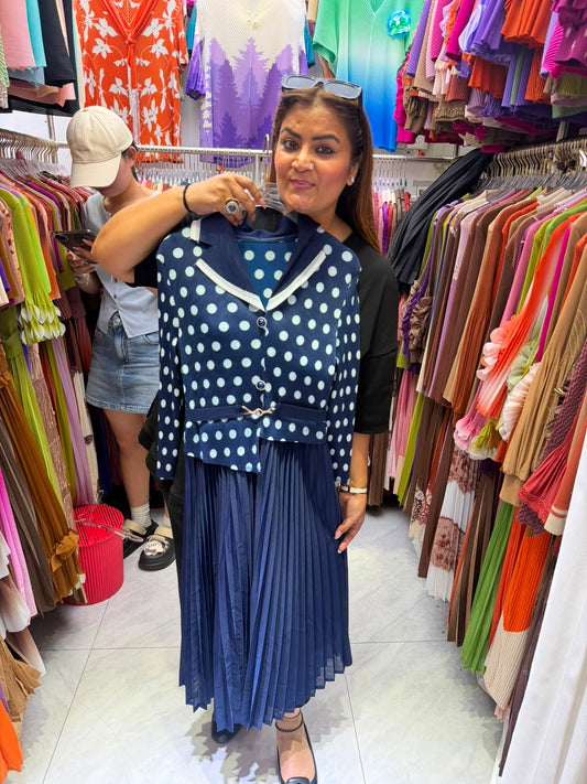 Navy Polka Pleated Midi Dress
