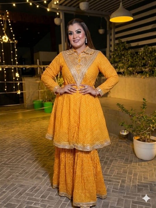 Mustard Yellow Leheriya Sharara Set With Embroidered Work