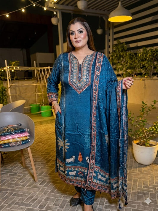 Ethnic Elegance Embroidered Work Suits Set (Cotton)