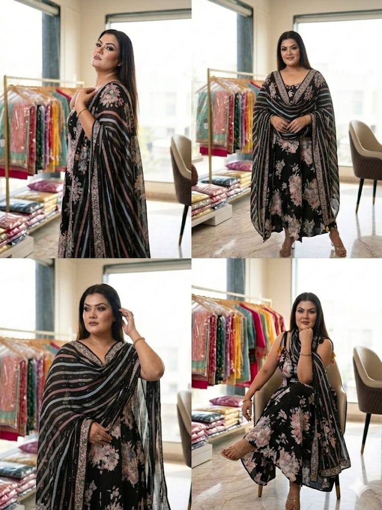 Elegant Black Floral Printed Anarkali Kurta Set (Cotton)