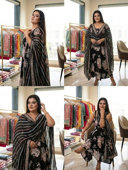 Elegant Black Floral Printed Anarkali Kurta Set (Cotton)