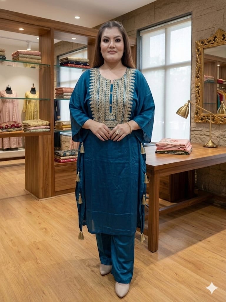 Embroidered Kaftan Set With Tassel Detail (Crepe)