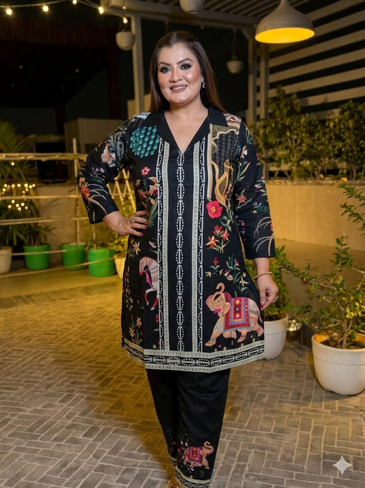 Premium Black Printed Kurta Set Elephant Printed (Cotton)