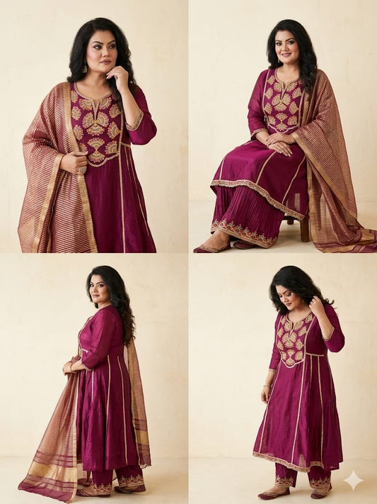 Wine Embroidered Work Anarkali Suit Set (Glass Tissue)