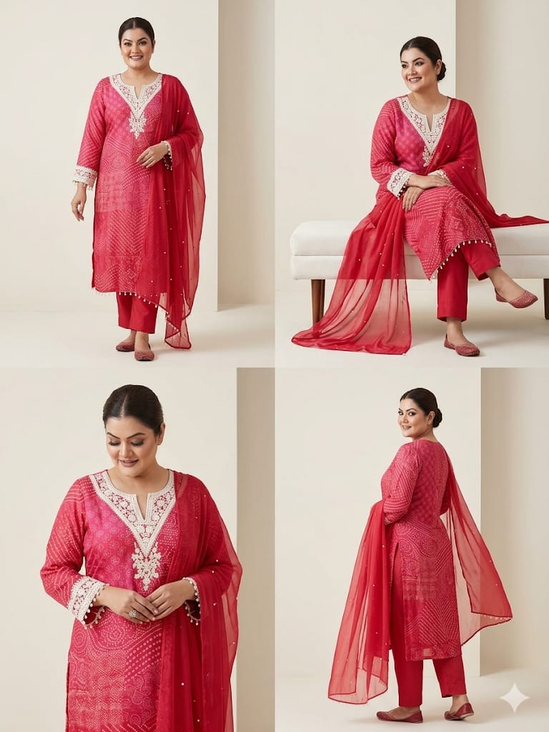 Bandhani Printed Suit Set With Hand-Embroidered Work (Cotton)
