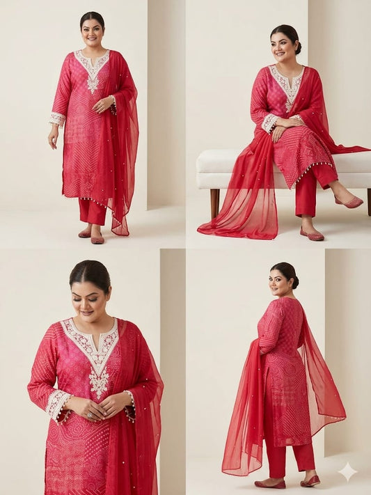 Bandhani Printed Suit Set With Hand-Embroidered Work (Cotton)