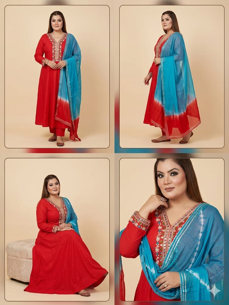 Anarkali Suit Set With Embroidered Work (Cotton)