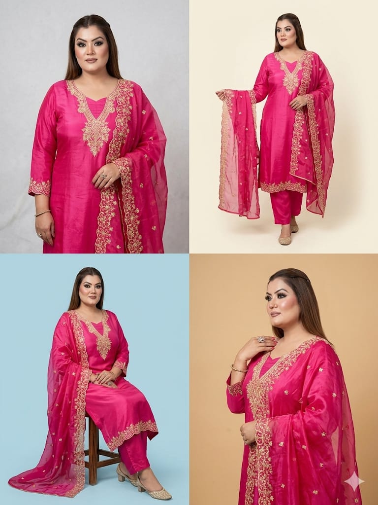 Hot Pink Embroidered Work Kurta Set (Cotton)