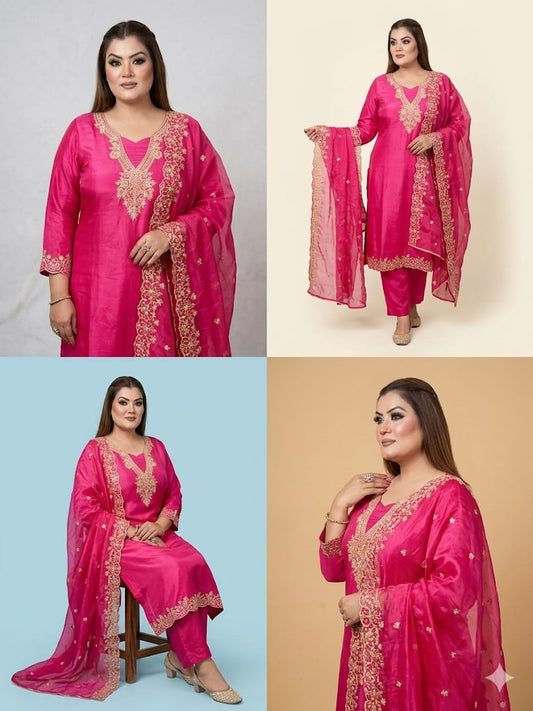 Hot Pink Embroidered Work Kurta Set (Cotton)