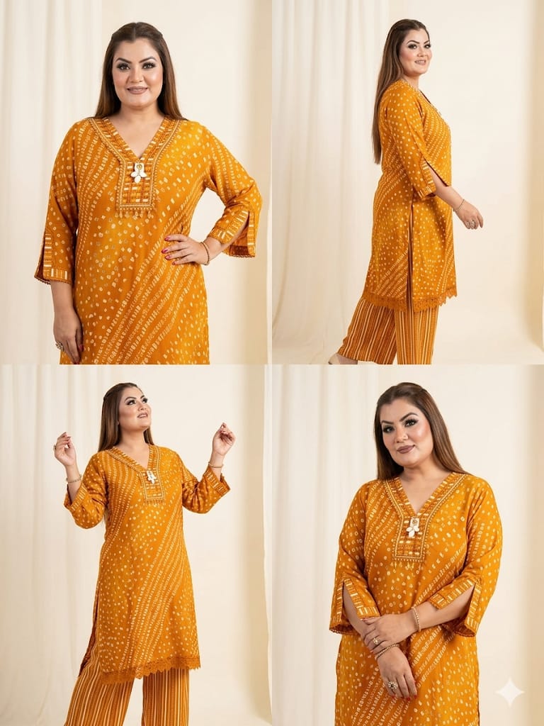 Mustard Gold Bandhani Printed Cord set (Silk)
